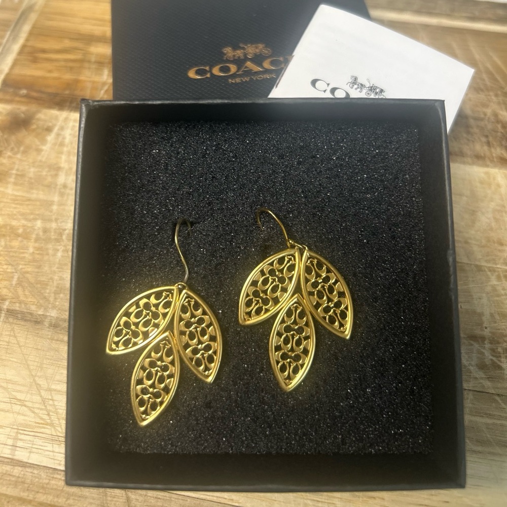 Coach Gold Filigree Leaf Earrings